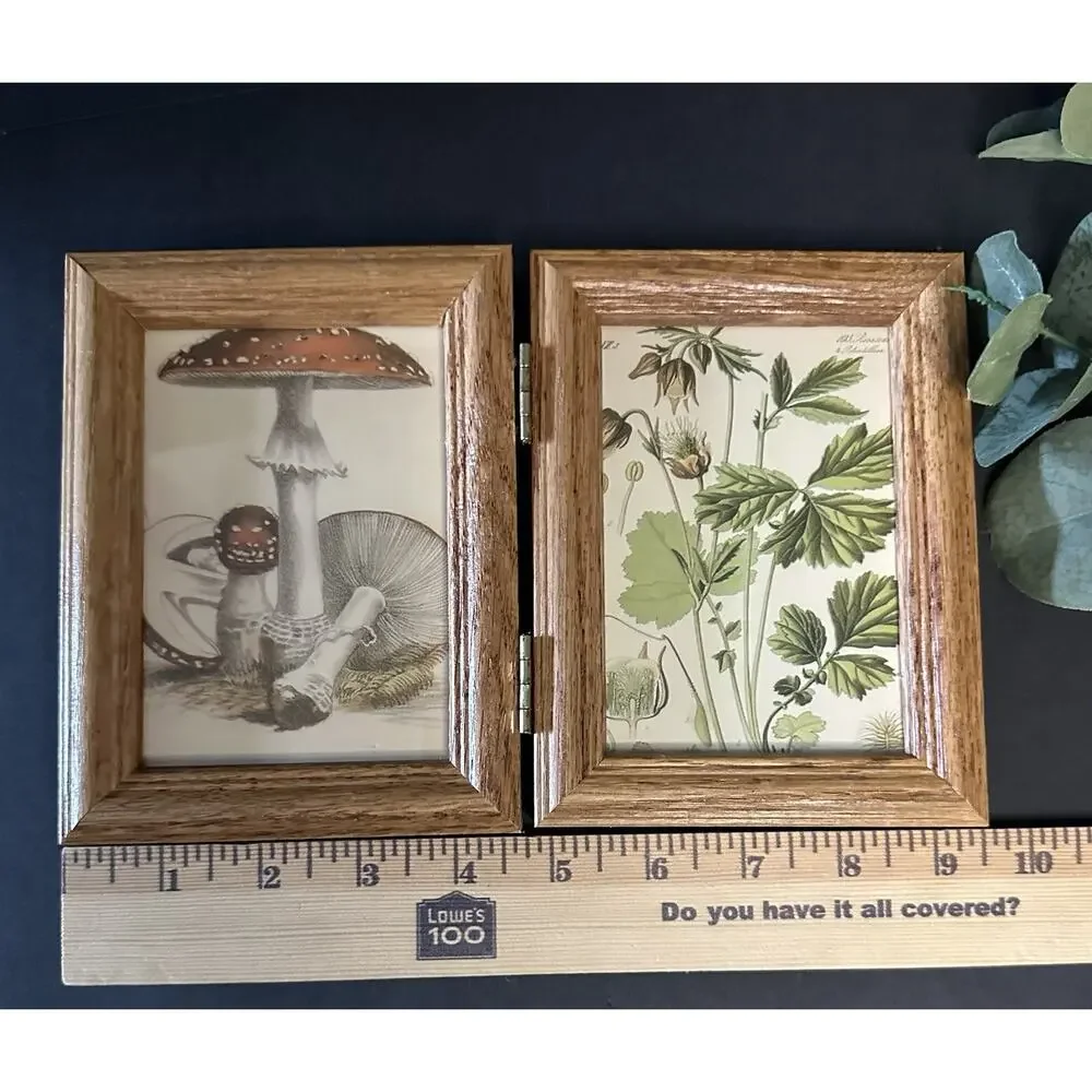 Hinged Double Wood Picture Frame 4.5x6 Mushroom Botanical Prints Cottagecore